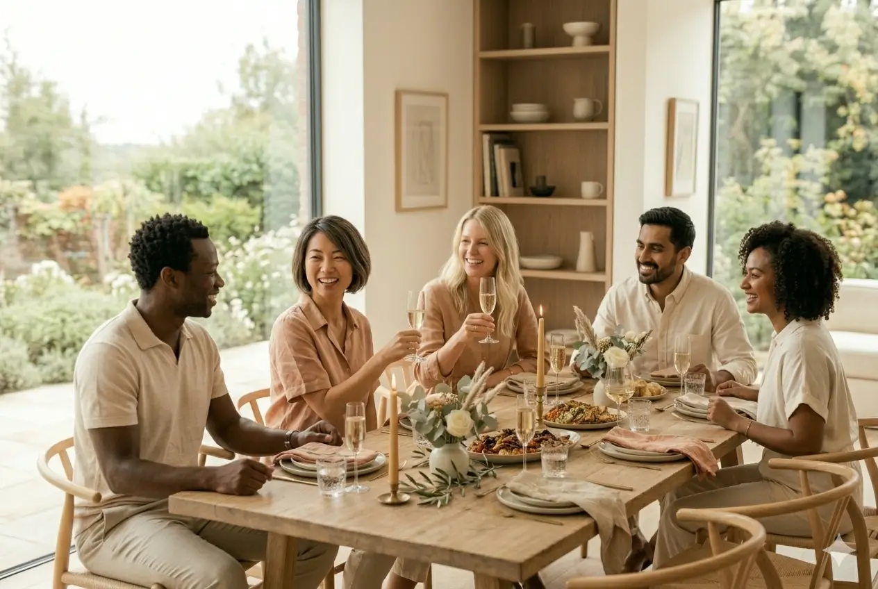 Friends gathered around an elevated dinner party